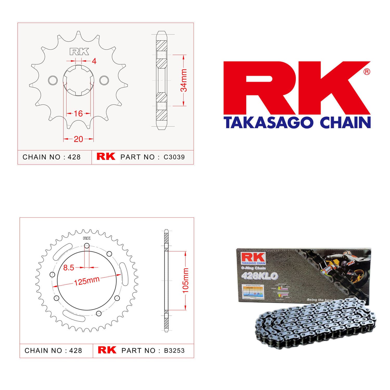 Yamaha XT 125 R Rk Zincir Dişli Set 428 KLO O-Ring 14/50T