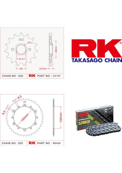 RK Kawasaki KLX 250 Rk Off-Road Zincir Dişli Set 520 MXZ 14/42T (2009-2016)