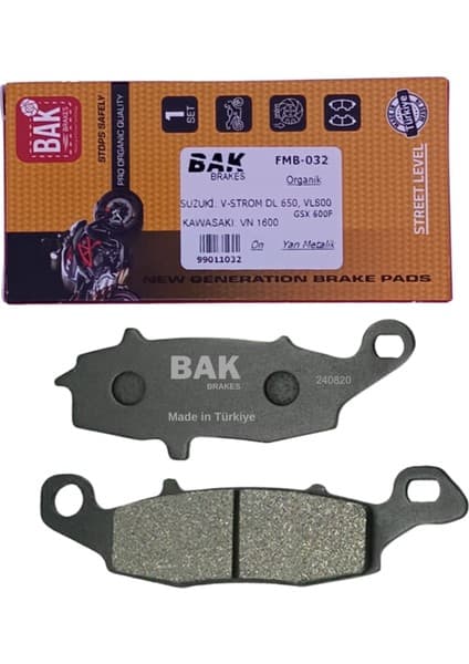 Suzuki Bak Brakes Fmb-032R Suzuki V-Strom Dl 650, Vl 800 Volusia, Gsx 600F.Kawasakı Vn 1600 Ön Fren Balatası Organik Kalite